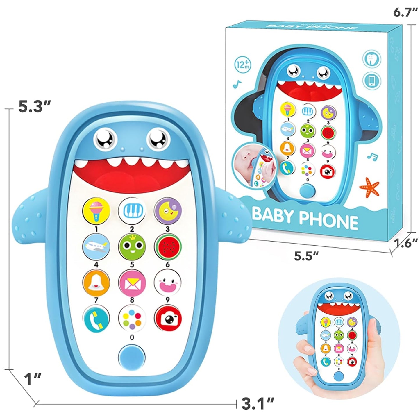 Baby Shark Cell Phone Toy with Removable Teether Case, Adjustable Volume, Light and Music Features - Educational Play Toy for Infants and Toddlers, Ideal Holiday or Birthday Gift for Boys and Girls Aged 12 Months (Blue)