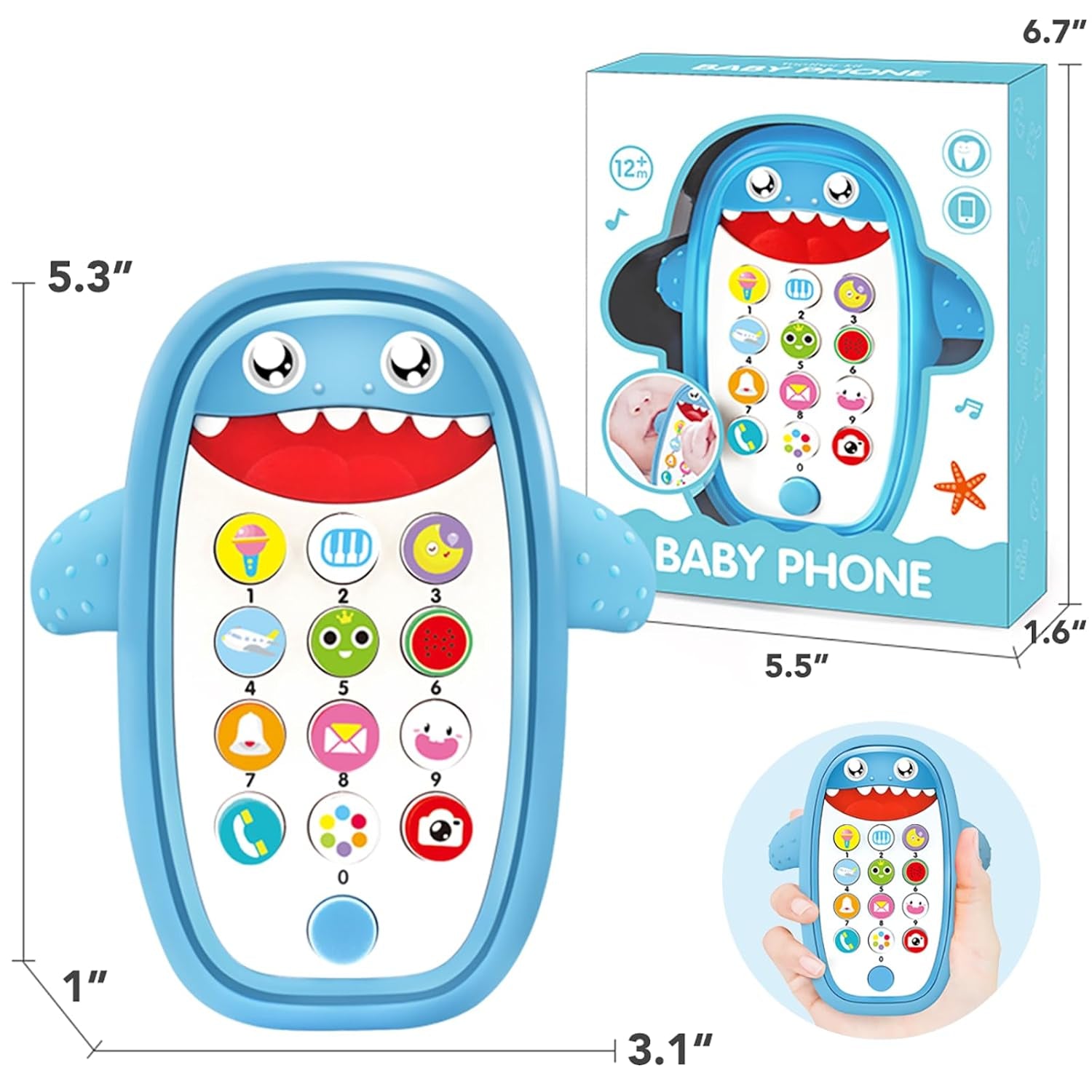 Baby Shark Cell Phone Toy with Removable Teether Case, Adjustable Volume, Light and Music Features - Educational Play Toy for Infants and Toddlers, Ideal Holiday or Birthday Gift for Boys and Girls Aged 12 Months (Blue)