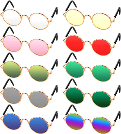 10-Piece Set of Round Metal Sunglasses for Cats and Dogs - Classic Retro Pet Glasses for Cosplay, Parties, and Photo Props (Mixed Colors)