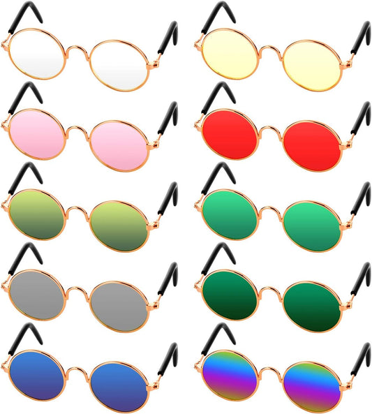 10-Piece Set of Round Metal Sunglasses for Cats and Dogs - Classic Retro Pet Glasses for Cosplay, Parties, and Photo Props (Mixed Colors)