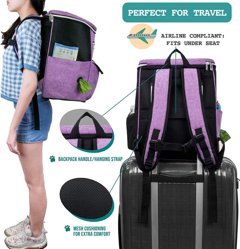 Airline-Approved Dog Travel Backpack - Versatile Pet Camping and Hiking Accessories with Food Container, Collapsible Bowls, and Diaper Bag - Perfect Gift for Dog Moms - Purple