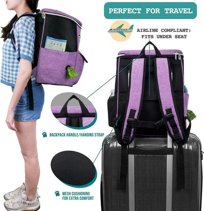 Airline-Approved Dog Travel Backpack - Versatile Pet Camping and Hiking Accessories with Food Container, Collapsible Bowls, and Diaper Bag - Perfect Gift for Dog Moms - Purple