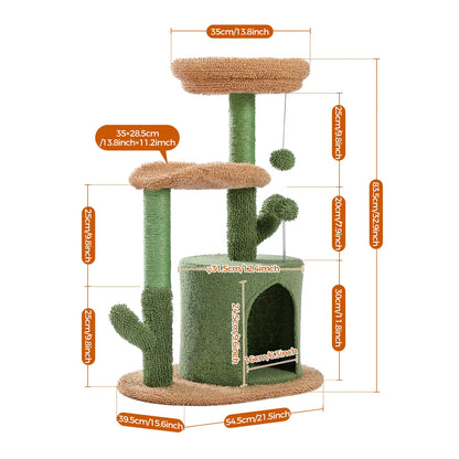 Cactus-Inspired Cat Tree with Curved Perch, Removable Top Bed, and Integrated Scratching Post for Indoor Cats