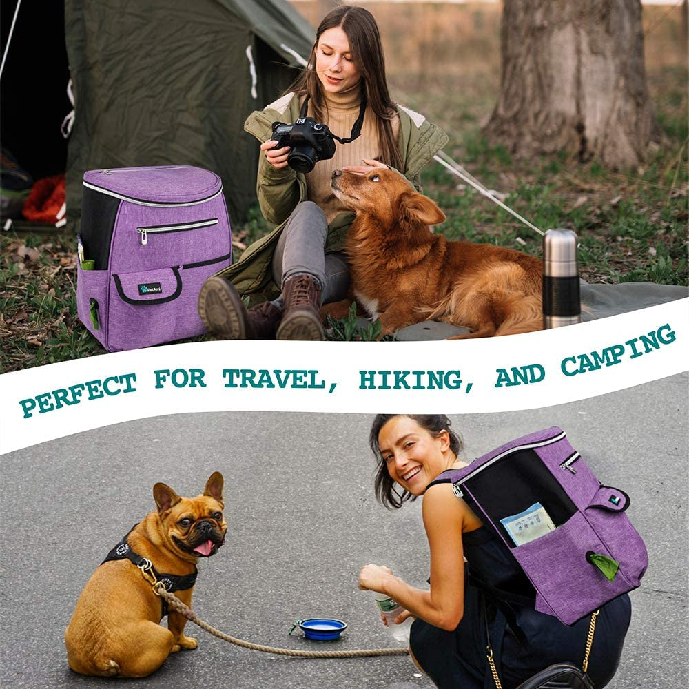 Airline-Approved Dog Travel Backpack - Versatile Pet Camping and Hiking Accessories with Food Container, Collapsible Bowls, and Diaper Bag - Perfect Gift for Dog Moms - Purple