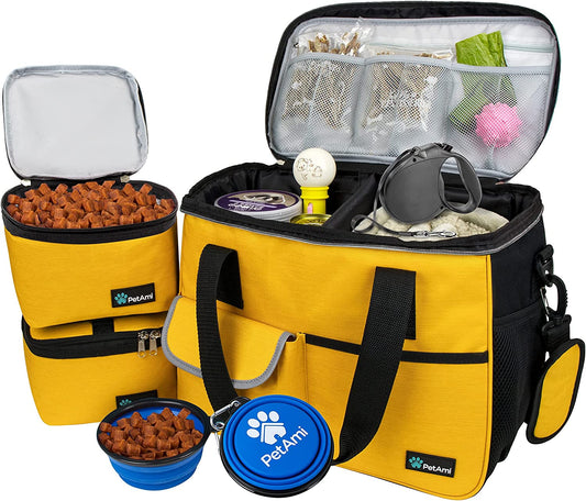 Pet Travel Organizer Bag with Food Containers and Collapsible Bowls, Medium Size, Yellow, Ideal for Weekend Road Trips and Camping Essentials