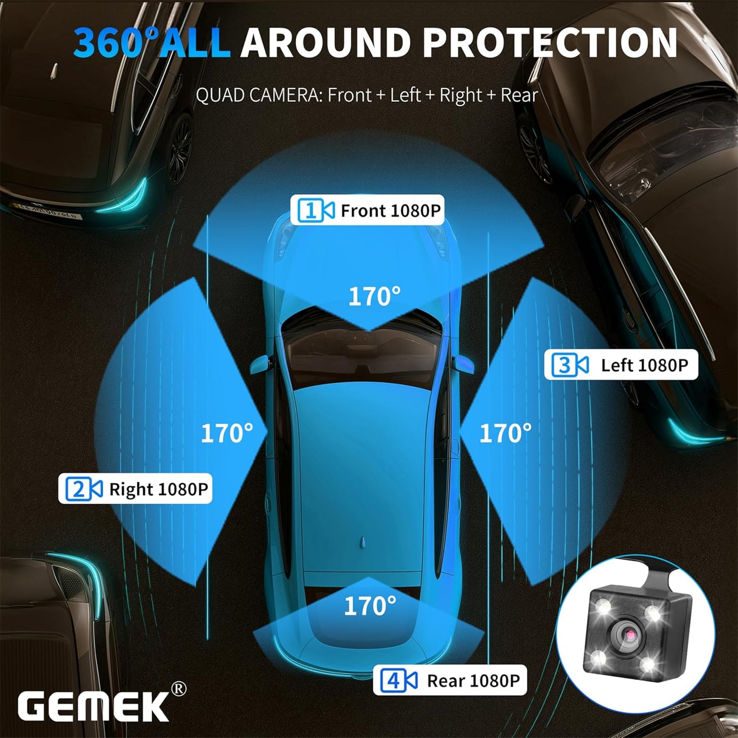 4-Channel 360° Dash Cam with 5G Wi-Fi and APP Control, 2K Front, Rear, and Side Cameras, Includes Free 64GB TF Card, G-Sensor, Night Vision, and 24-Hour Parking Mode, with Keyboard Wrist Rest Pad