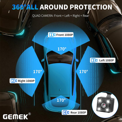 4-Channel 360° Dash Cam with 5G Wi-Fi and APP Control, 2K Front, Rear, and Side Cameras, Includes Free 64GB TF Card, G-Sensor, Night Vision, and 24-Hour Parking Mode, with Keyboard Wrist Rest Pad