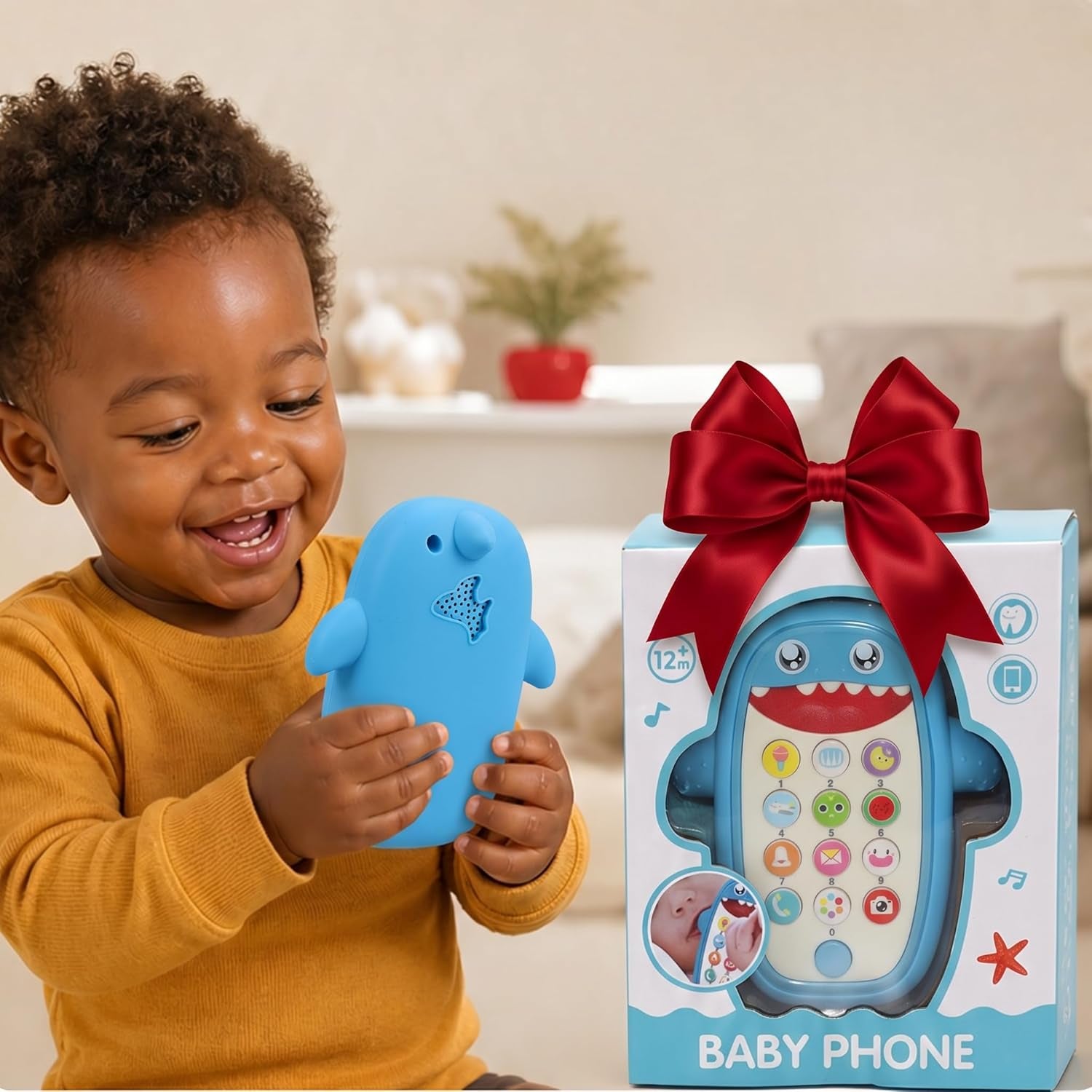Baby Shark Cell Phone Toy with Removable Teether Case, Adjustable Volume, Light and Music Features - Educational Play Toy for Infants and Toddlers, Ideal Holiday or Birthday Gift for Boys and Girls Aged 12 Months (Blue)