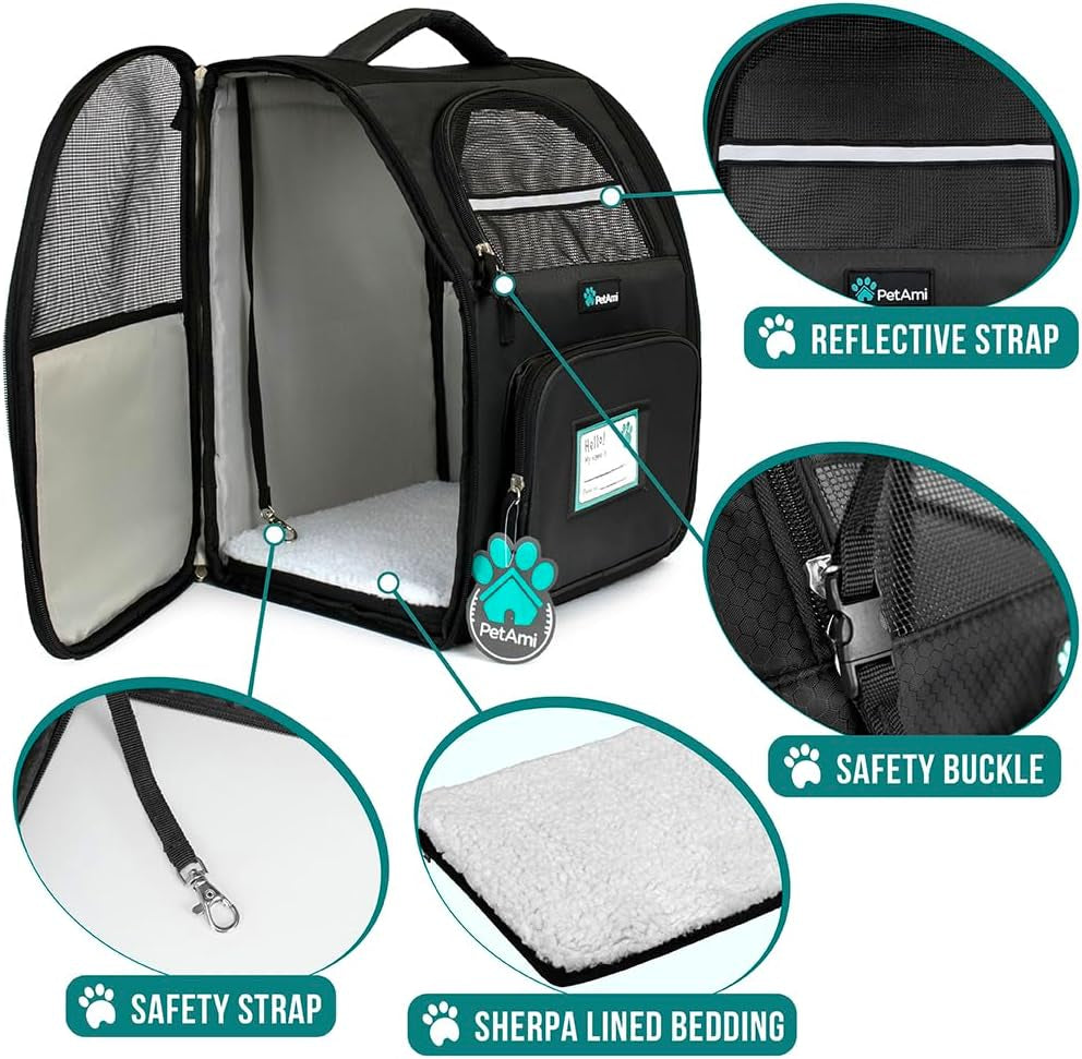 Dog Backpack Carrier for Small Medium Dogs Large Cats up to 18 Lbs, 2 Side Entry, Structured No-Collapse Frame, Airline Approved Ventilated Pet Backpack for Hiking Camping Travel Vet, Black