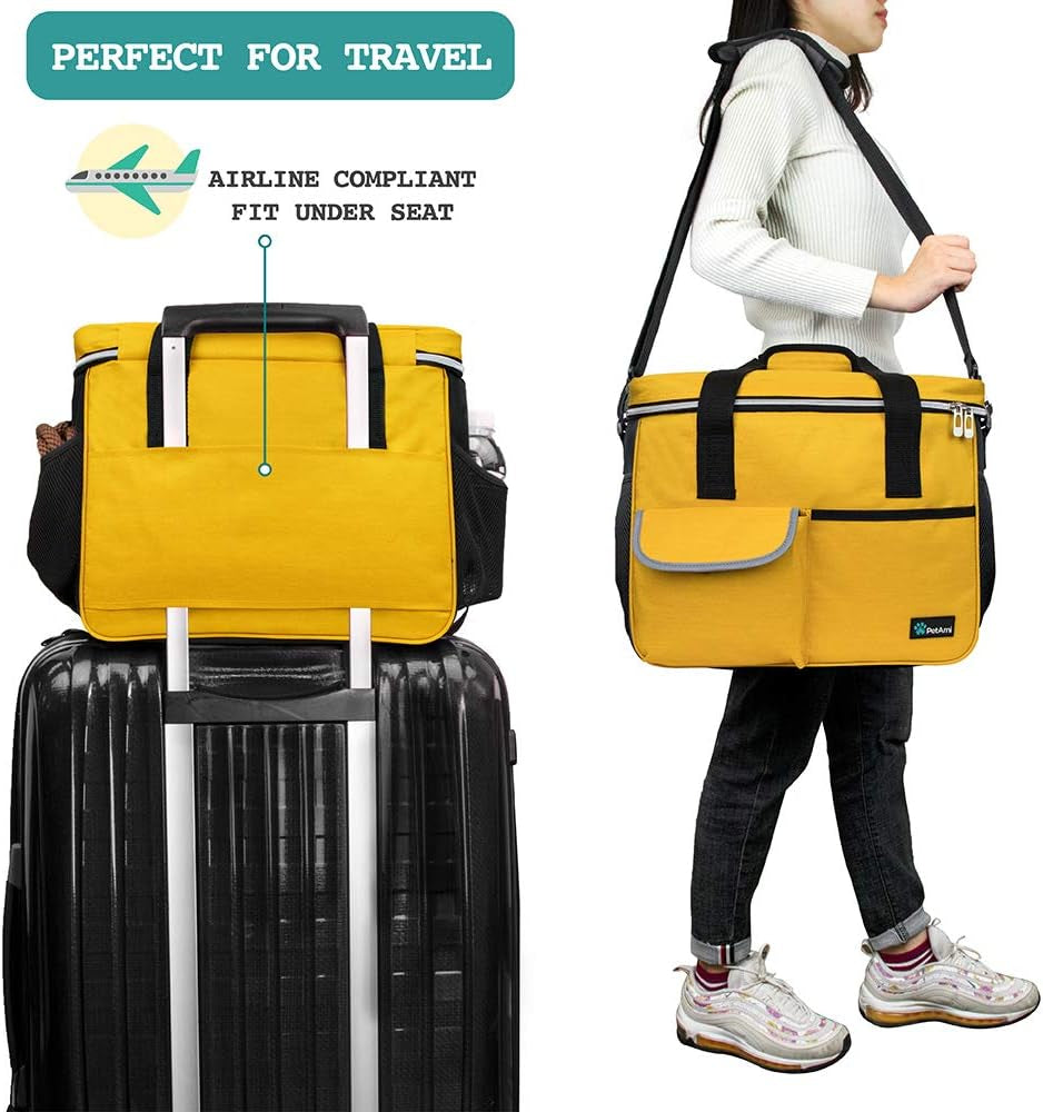 Pet Travel Organizer Bag with Food Containers and Collapsible Bowls, Medium Size, Yellow, Ideal for Weekend Road Trips and Camping Essentials
