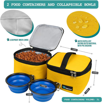 Pet Travel Organizer Bag with Food Containers and Collapsible Bowls, Medium Size, Yellow, Ideal for Weekend Road Trips and Camping Essentials
