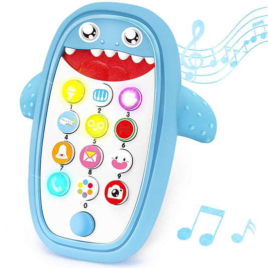 Baby Shark Cell Phone Toy with Removable Teether Case, Adjustable Volume, Light and Music Features - Educational Play Toy for Infants and Toddlers, Ideal Holiday or Birthday Gift for Boys and Girls Aged 12 Months (Blue)