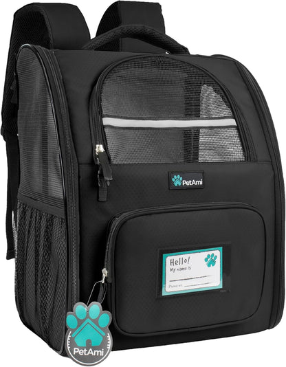 Dog Backpack Carrier for Small Medium Dogs Large Cats up to 18 Lbs, 2 Side Entry, Structured No-Collapse Frame, Airline Approved Ventilated Pet Backpack for Hiking Camping Travel Vet, Black