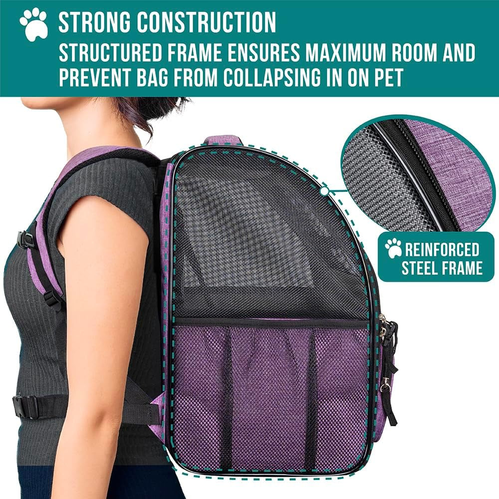 Dog Backpack Carrier for Small Medium Dogs Large Cats up to 18 Lbs, 2 Side Entry, Structured No-Collapse Frame, Airline Approved Ventilated Pet Backpack for Hiking Camping Travel, Purple