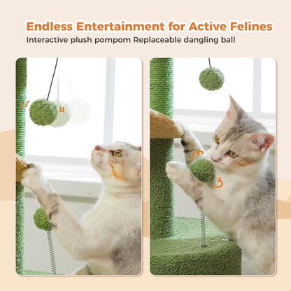 Cactus-Inspired Cat Tree with Curved Perch, Removable Top Bed, and Integrated Scratching Post for Indoor Cats