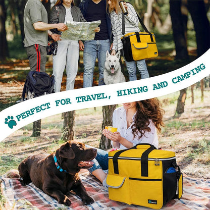 Pet Travel Organizer Bag with Food Containers and Collapsible Bowls, Medium Size, Yellow, Ideal for Weekend Road Trips and Camping Essentials