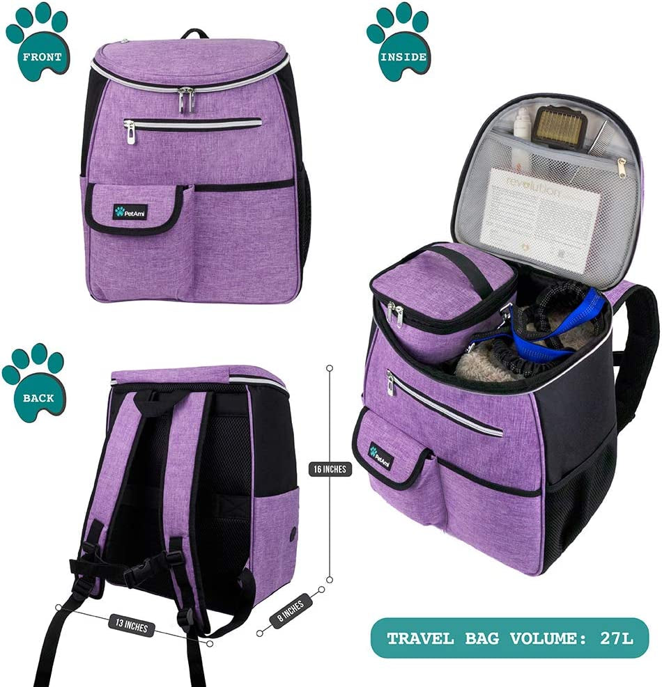 Airline-Approved Dog Travel Backpack - Versatile Pet Camping and Hiking Accessories with Food Container, Collapsible Bowls, and Diaper Bag - Perfect Gift for Dog Moms - Purple