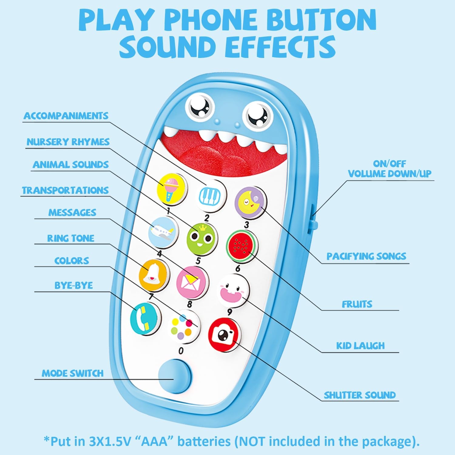 Baby Shark Cell Phone Toy with Removable Teether Case, Adjustable Volume, Light and Music Features - Educational Play Toy for Infants and Toddlers, Ideal Holiday or Birthday Gift for Boys and Girls Aged 12 Months (Blue)