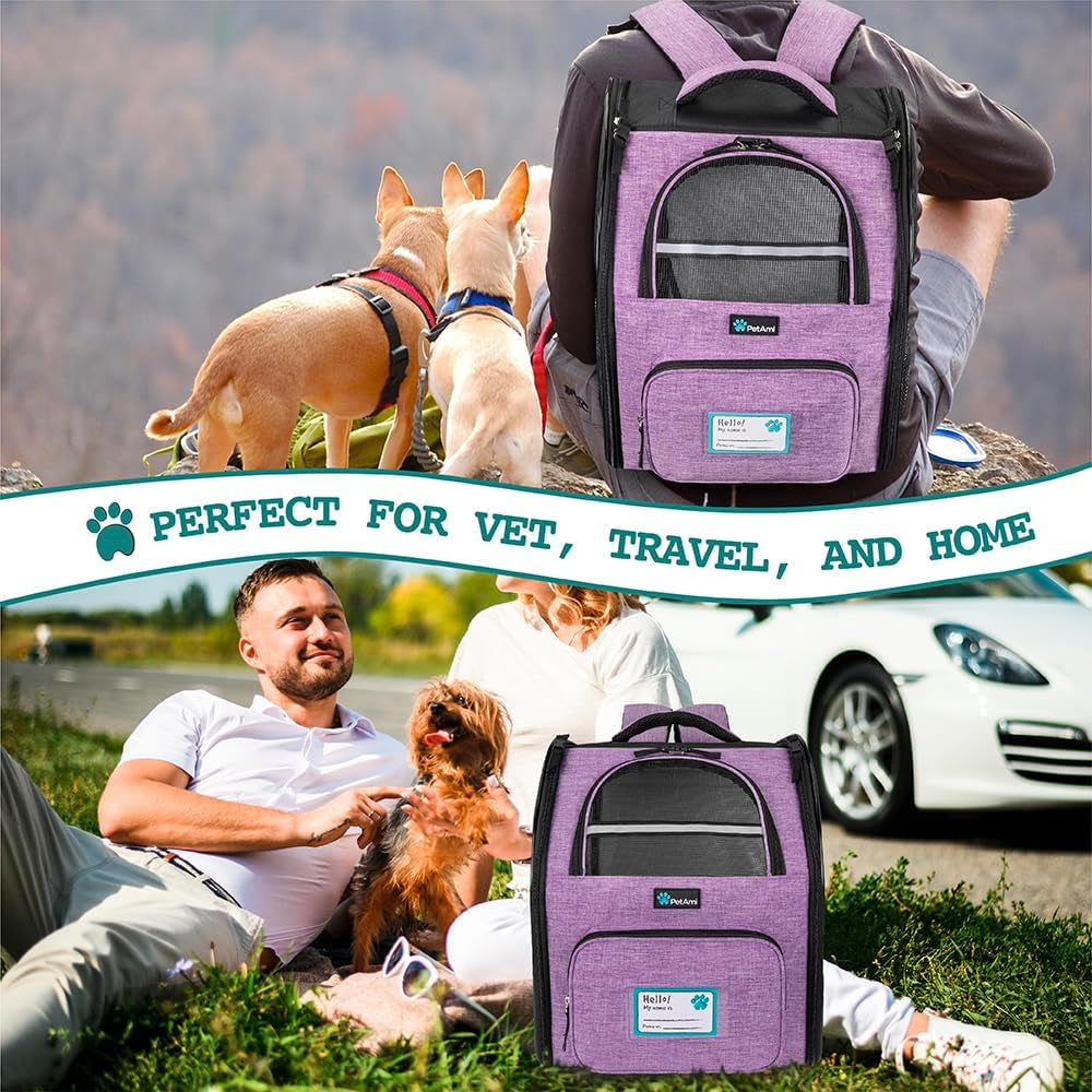 Dog Backpack Carrier for Small Medium Dogs Large Cats up to 18 Lbs, 2 Side Entry, Structured No-Collapse Frame, Airline Approved Ventilated Pet Backpack for Hiking Camping Travel, Purple