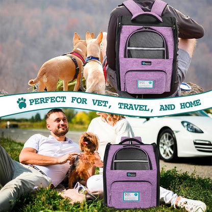 Dog Backpack Carrier for Small Medium Dogs Large Cats up to 18 Lbs, 2 Side Entry, Structured No-Collapse Frame, Airline Approved Ventilated Pet Backpack for Hiking Camping Travel, Purple