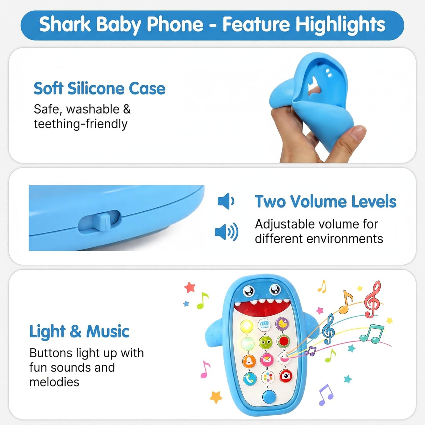 Baby Shark Cell Phone Toy with Removable Teether Case, Adjustable Volume, Light and Music Features - Educational Play Toy for Infants and Toddlers, Ideal Holiday or Birthday Gift for Boys and Girls Aged 12 Months (Blue)