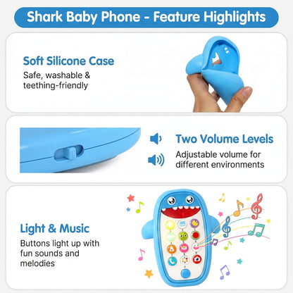 Baby Shark Cell Phone Toy with Removable Teether Case, Adjustable Volume, Light and Music Features - Educational Play Toy for Infants and Toddlers, Ideal Holiday or Birthday Gift for Boys and Girls Aged 12 Months (Blue)