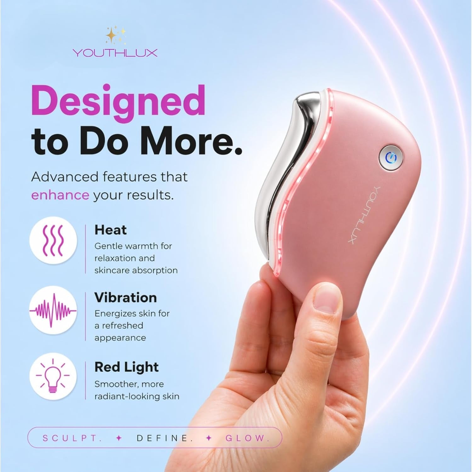 Prosculpt Heated Gua Sha Facial Massager – Electric Guasha Tool for Face Sculpting, Relaxation & Skincare | Soothing Vibration Facial Massage Tool with Contoured Design (Rose Gold)