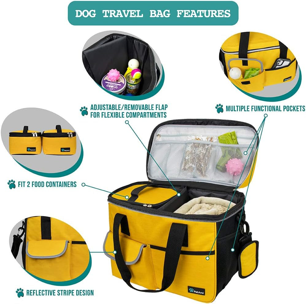 Pet Travel Organizer Bag with Food Containers and Collapsible Bowls, Medium Size, Yellow, Ideal for Weekend Road Trips and Camping Essentials