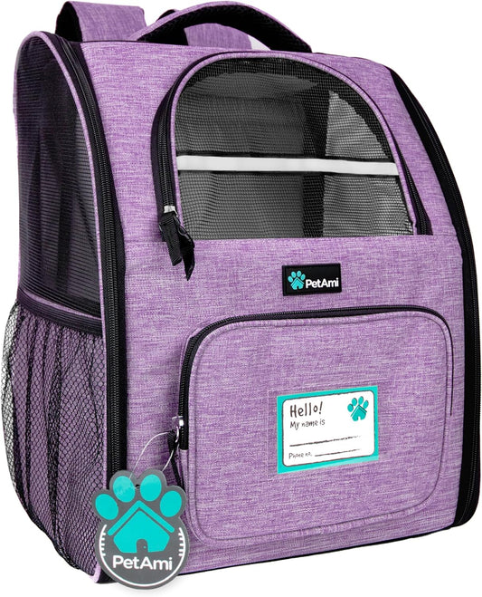 Dog Backpack Carrier for Small Medium Dogs Large Cats up to 18 Lbs, 2 Side Entry, Structured No-Collapse Frame, Airline Approved Ventilated Pet Backpack for Hiking Camping Travel, Purple