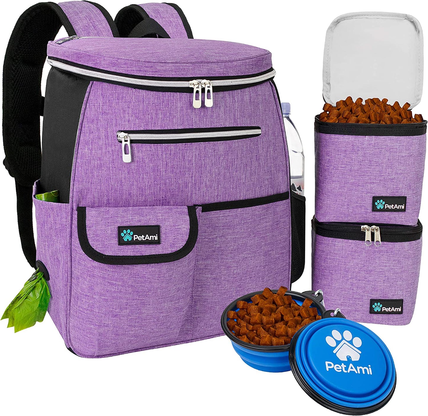 Airline-Approved Dog Travel Backpack - Versatile Pet Camping and Hiking Accessories with Food Container, Collapsible Bowls, and Diaper Bag - Perfect Gift for Dog Moms - Purple