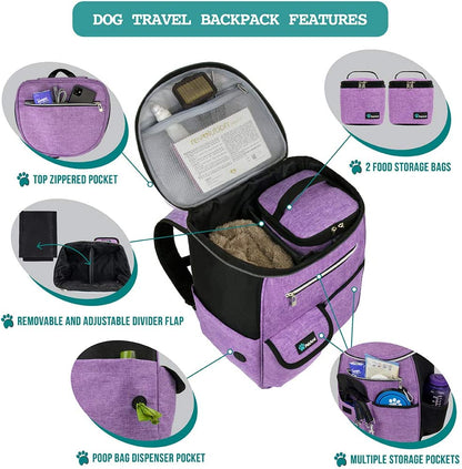 Airline-Approved Dog Travel Backpack - Versatile Pet Camping and Hiking Accessories with Food Container, Collapsible Bowls, and Diaper Bag - Perfect Gift for Dog Moms - Purple