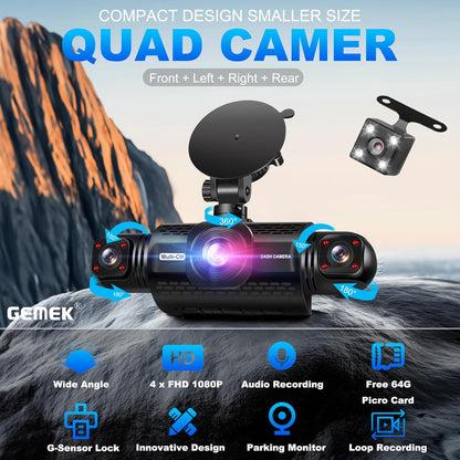 4-Channel 360° Dash Cam with 5G Wi-Fi and APP Control, 2K Front, Rear, and Side Cameras, Includes Free 64GB TF Card, G-Sensor, Night Vision, and 24-Hour Parking Mode, with Keyboard Wrist Rest Pad