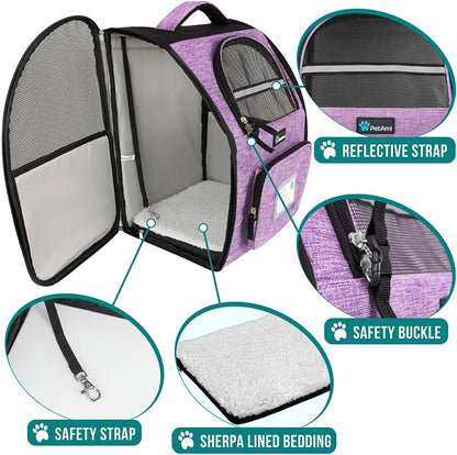 Dog Backpack Carrier for Small Medium Dogs Large Cats up to 18 Lbs, 2 Side Entry, Structured No-Collapse Frame, Airline Approved Ventilated Pet Backpack for Hiking Camping Travel, Purple