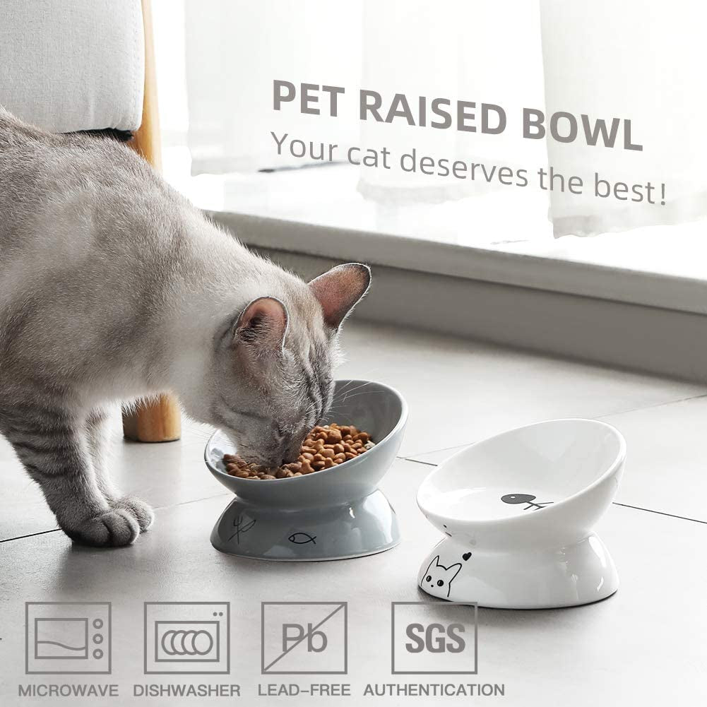 Sweejar Elevated Ceramic Cat Bowls for Food and Water, Slanted Design for Spine Protection and Stress-Free Feeding, Backflow Prevention, Gray