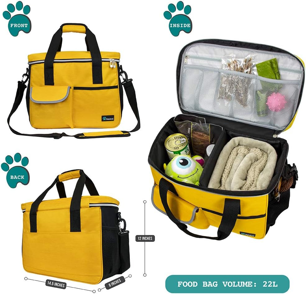 Pet Travel Organizer Bag with Food Containers and Collapsible Bowls, Medium Size, Yellow, Ideal for Weekend Road Trips and Camping Essentials