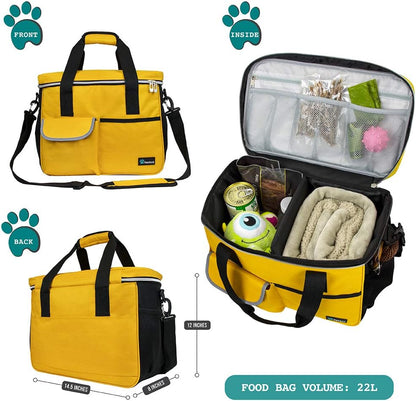 Pet Travel Organizer Bag with Food Containers and Collapsible Bowls, Medium Size, Yellow, Ideal for Weekend Road Trips and Camping Essentials