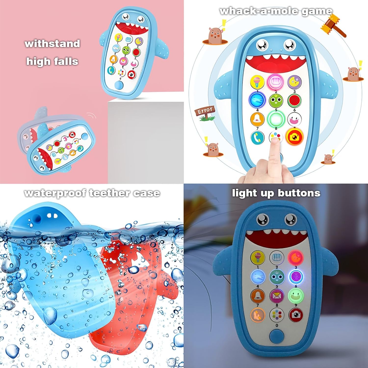 Baby Shark Cell Phone Toy with Removable Teether Case, Adjustable Volume, Light and Music Features - Educational Play Toy for Infants and Toddlers, Ideal Holiday or Birthday Gift for Boys and Girls Aged 12 Months (Blue)